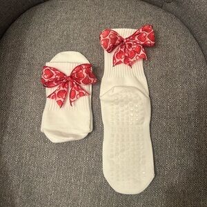 White Pilates Socks with Red Heart Bow